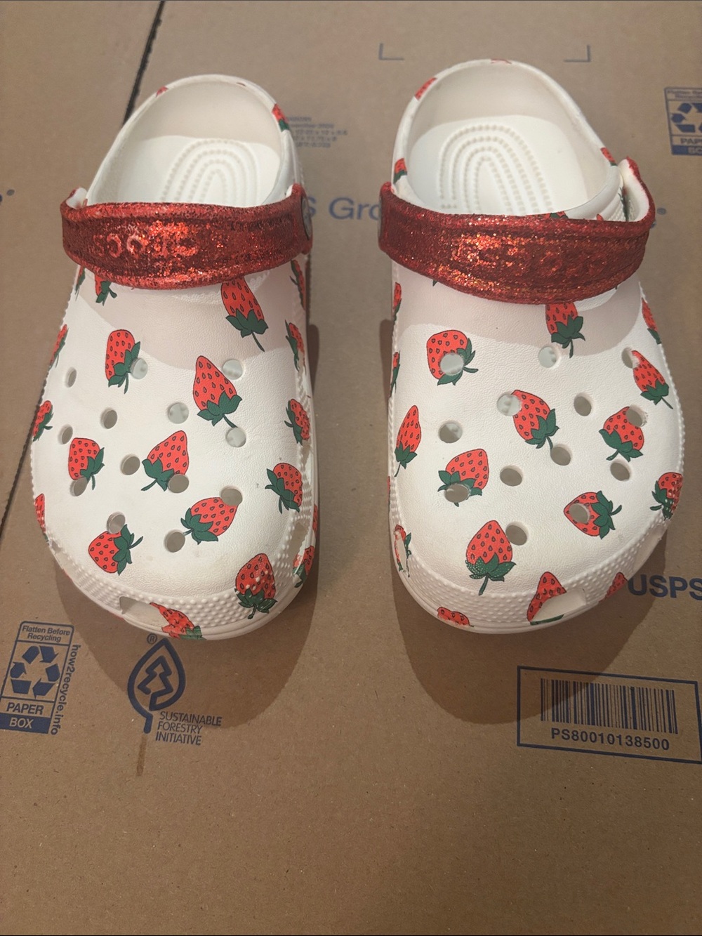 CROCS White Strawberry Print Clogs with Red Glitter Strap